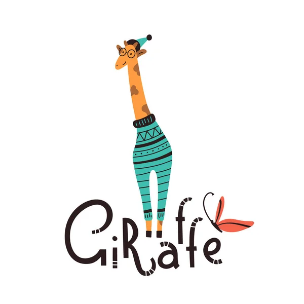 Kreskówkowa żyrafa w niebieskim swetrze. Ilustracja wektora w stylu skandynawskim — Wektor stockowy