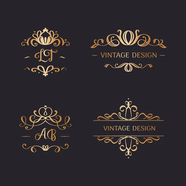 Conjunto de logotipos de casamento em estilo vintage. Molduras de luxo com ornamento de ouro — Vetor de Stock