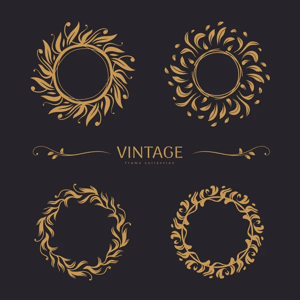 Set of round vintage frames with ornaments of leaves — Stock Vector