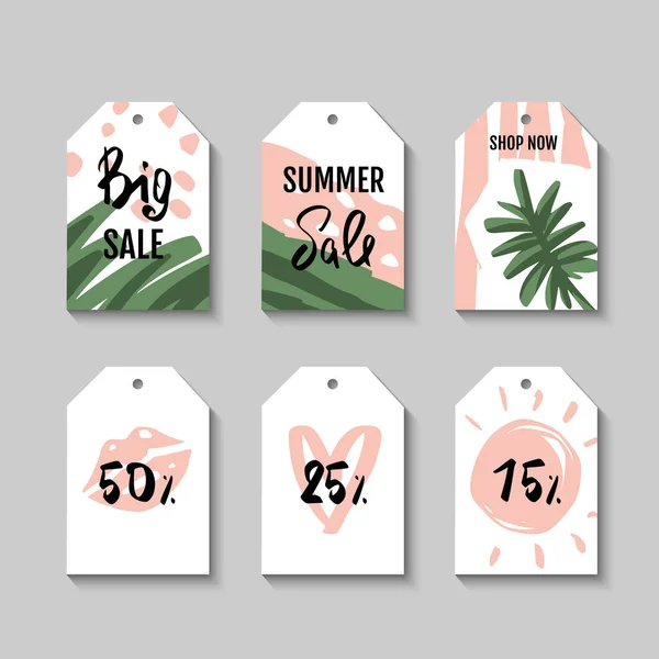 Conjunto de venta de verano y etiquetas de regalo en estilo tropical — Vector de stock