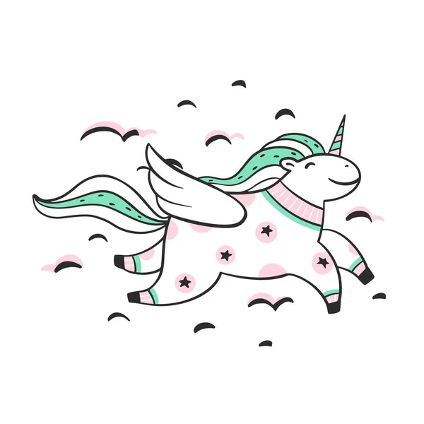 Cartoon unicorn terbang di awan - Stok Vektor