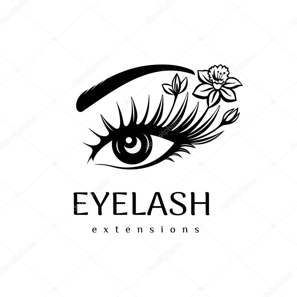Eyelash extension logo. Makeup with flowers. Vector illustration in a modern style