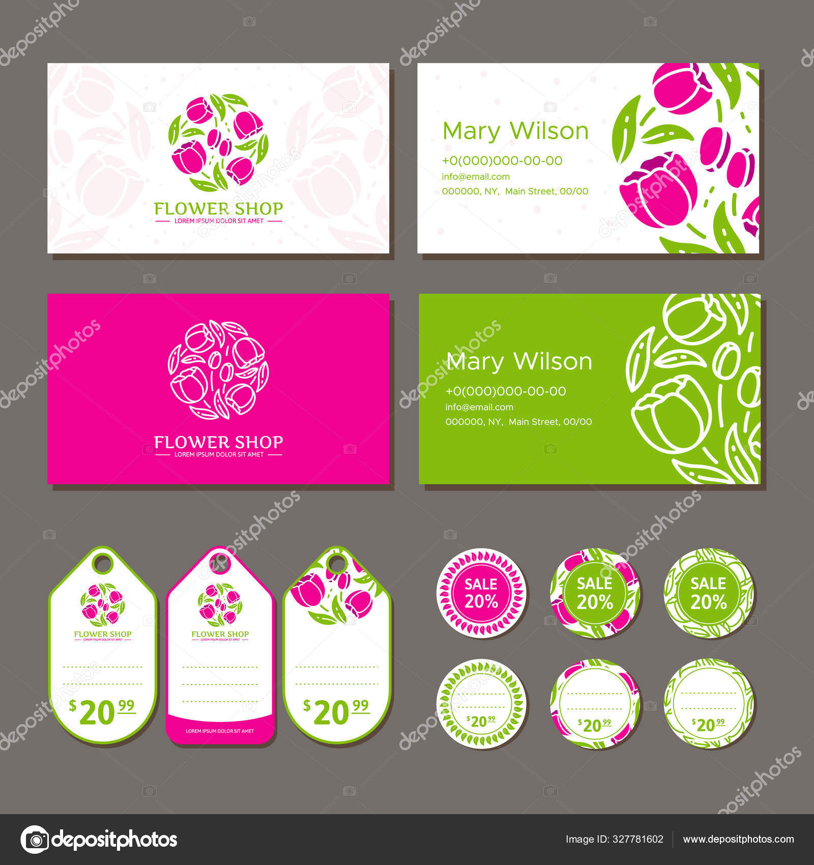 Identidad corporativa para una florería. Logo, tarjeta de visita y etiqueta  de precio. Ilustración vectorial en estilo moderno Vector de stock  #327781602 de ©Aleksandra_Kholodova, image size:1600x1700
