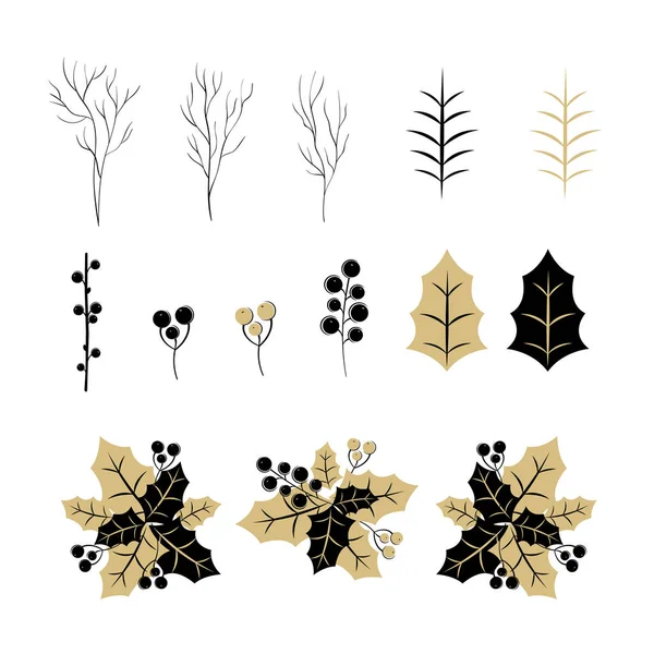 Set of Christmas elements for typographic design. Leaves, branches, berries in black and gold colour scheme. Vector illustration in modern style. — ストックベクタ