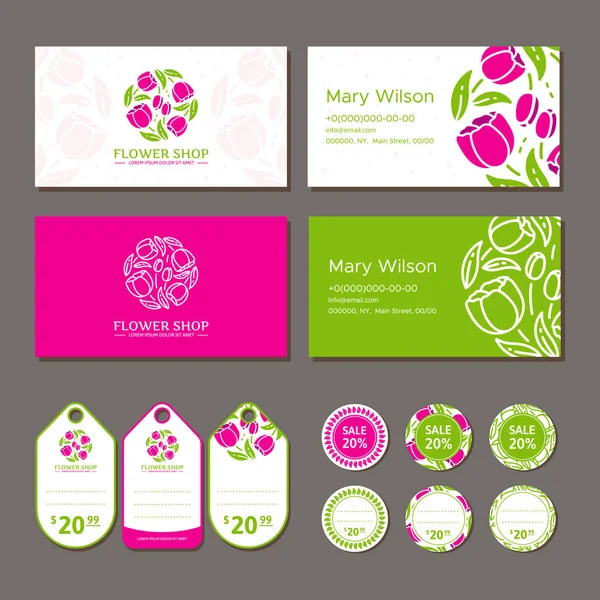 Identidad corporativa para una florería. Logo, tarjeta de visita y etiqueta de precio. Ilustración vectorial en estilo moderno — Vector de stock