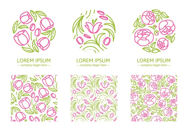 Corporate style for flower shop, wedding boutique, beauty products and organic cosmetics. Set of logos and seamless patterns in a linear style. Vector illustration in a modern style — ストックベクタ