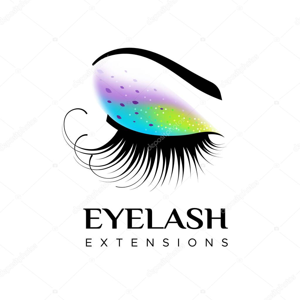 Eyelash extension logo. Makeup with colored glitter. Vector illustration in a modern style
