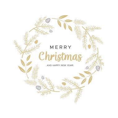 Altın dallı ve çam kozalaklı Noel çelengi. Tebrik kartlarınız, afişleriniz, el ilanlarınız için eşsiz bir tasarım. Modern stilde vektör illüstrasyonu.