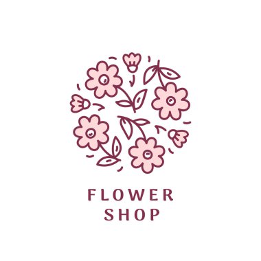 Çiçekçi dükkanının logosu. Doğrusal biçimdeki vektör illüstrasyonu
