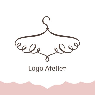 Atelier logosu, düğün butiği, kadın giyim mağazası. Moda tasarımcısı için markanın şablonu. Bükülmüş çizgilerin stilize askısı