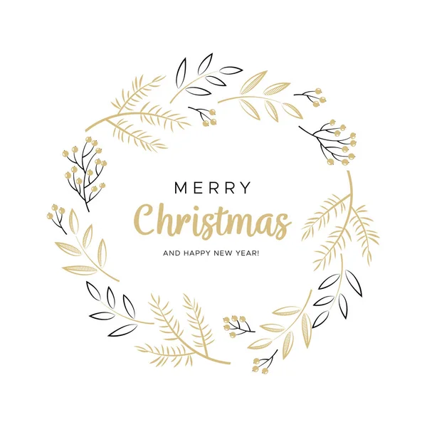 Corona de Navidad con ramas negras y doradas. Diseño único para sus tarjetas de felicitación, banners, volantes. Ilustración vectorial en estilo moderno . — Vector de stock