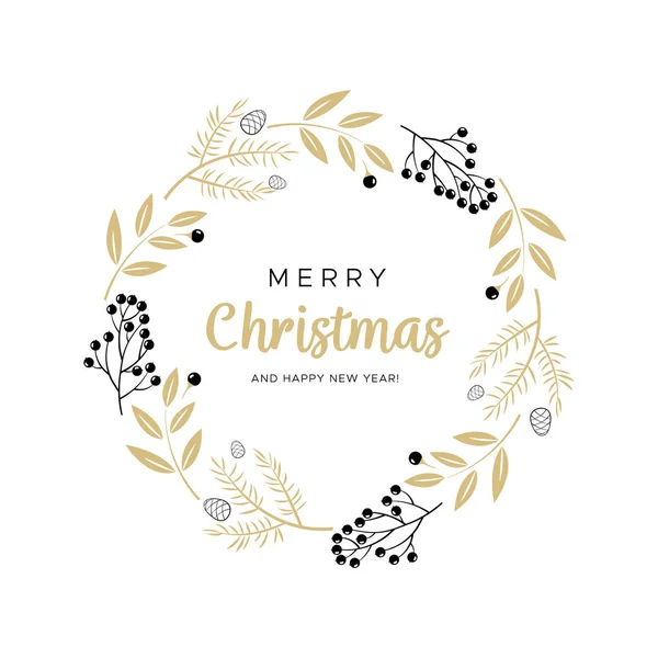 Corona de Navidad con ramas negras y doradas y conos de pino. Diseño único para sus tarjetas de felicitación, banners, volantes. Ilustración vectorial en estilo moderno . — Vector de stock