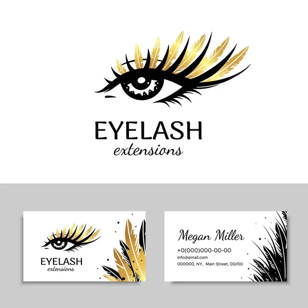Branding for salon eyelash extension, shop cosmetic products, lashmaker, stylist. Logo and business card. Makeup with Golden feathers. Vector illustration in a modern style — Stock Vector