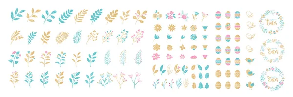 Set of Easter elements for typographic design. Wreaths, leaves, branches, berries, birds, flowers, eggs. Vector illustration in cartoon style. — ストックベクタ