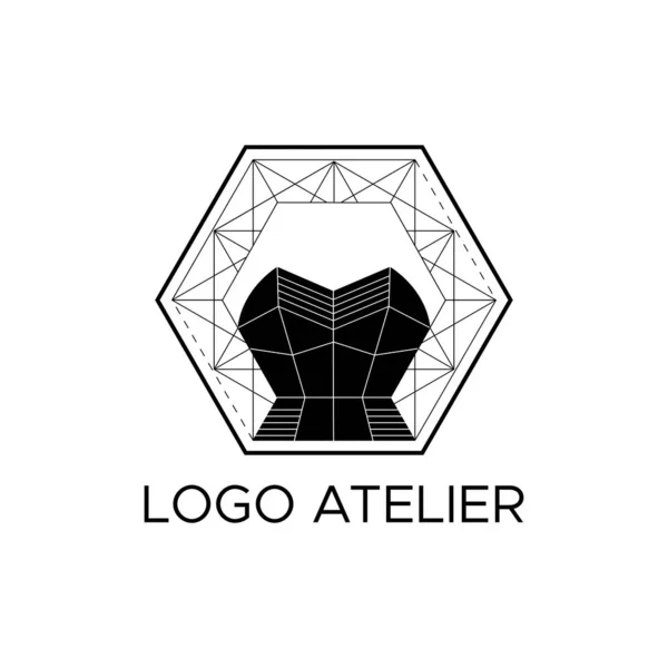 El logo Atelier. Plantilla vectorial para la industria de la moda. Elemento para costura y sastrería Studio. Ilustración en estilo moderno — Vector de stock