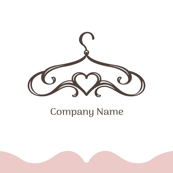 Logo pour boutique de mariage, boutique de vêtements pour femmes, atelier. Modèle vectoriel de la marque pour le créateur de mode. Silhouette vintage d'un cintre en lignes et coeur — Image vectorielle