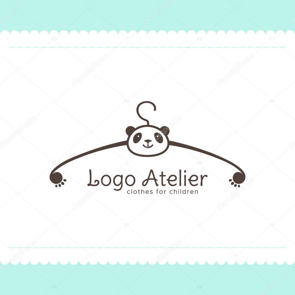 Logo Atelier making children's clothes. Vector template for the fashion industry. Element for Studio sewing and tailoring. Illustration in cartoon style