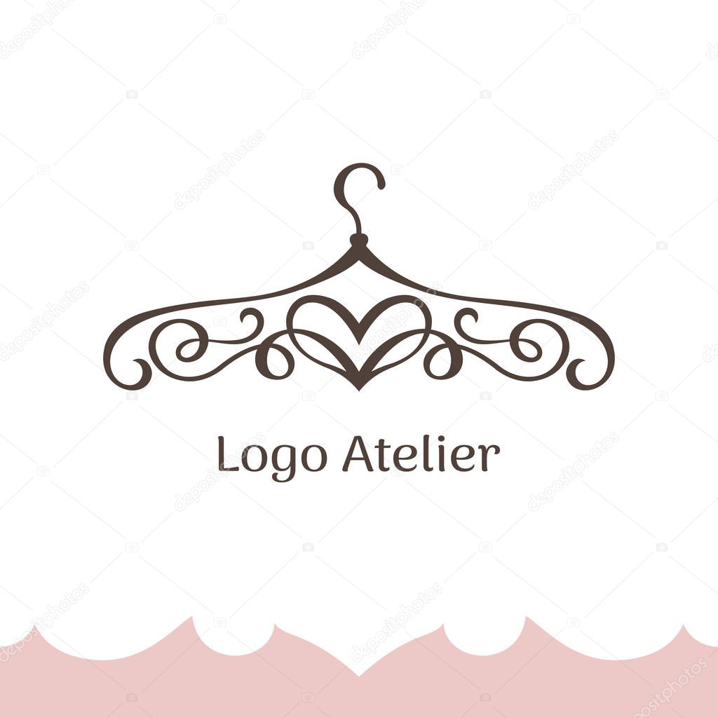 Logo for Atelier, wedding boutique, women's dress shop. Vector template of the brand for the fashion designer. Stylized clothes hanger made of twisted lines and heart