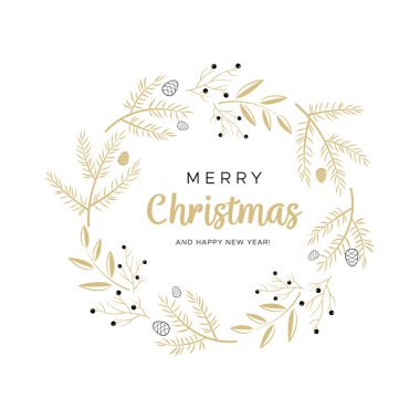 Altın dallı ve çam kozalaklı Noel çelengi. Tebrik kartlarınız, afişleriniz, el ilanlarınız için eşsiz bir tasarım. Modern stilde vektör illüstrasyonu.