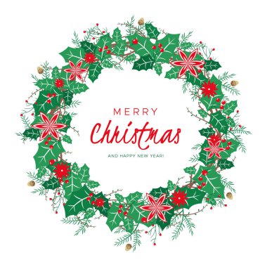 Böğürtlenli, yapraklı, çam dallı ve köknar kozalaklı Noel çelengi. Kış tasarımı için yuvarlak çerçeve. Vektör arkaplanı