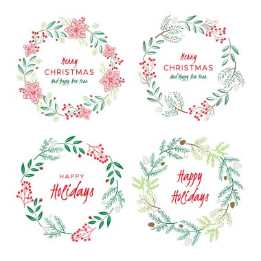 Çilekli Noel çelenkleri, çam dalları ve köknar kozalakları. Kış tasarımı için yuvarlak çerçeveler. Vektör arkaplanı