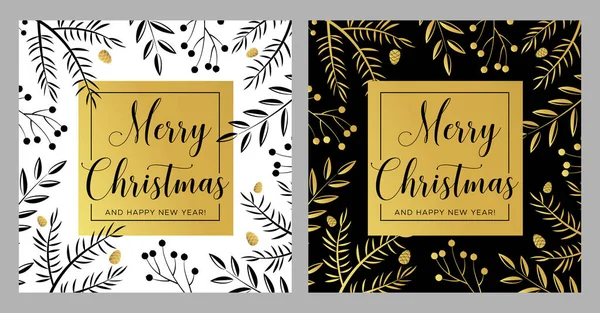 Merry Christmas and Happy New Year greeting card with black and gold branches and pine cones. — Stock Vector