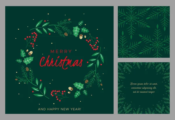 Veselé Vánoce a šťastný Nový rok přání. Věnec s bobulemi, listy, borovými větvemi a jedlovými kužely. Kulatý rám pro zimní design na černém pozadí. Vektorová ilustrace v moderním stylu — Stockový vektor