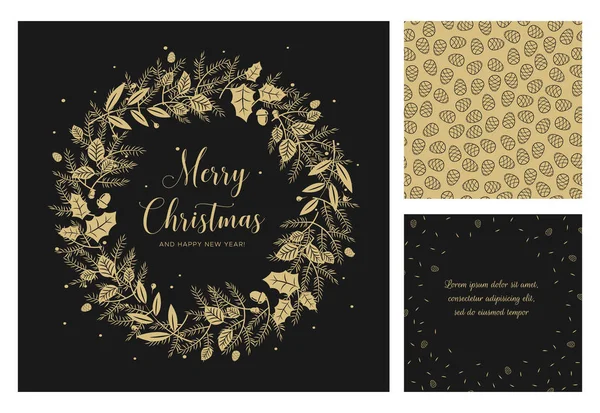 メリークリスマスとハッピーニューイヤーのグリーティングカード。黄金の果実、葉、松の枝とモミのコーンでリース。黒の背景に冬のデザインのためのラウンドフレーム。現代風のベクトルイラスト — ストックベクタ