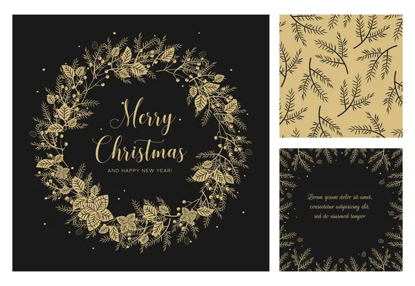 Merry Christmas and Happy New Year greeting card. Wreath with gold berries, leaves, pine branches and fir cones. Round frame for winter design on black background. Vector illustration in modern style — 스톡 벡터