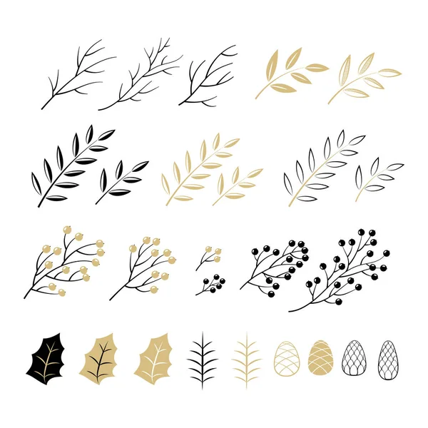 Set of Christmas elements for typographic design. Leaves, branches, berries in black and gold colour scheme. Vector illustration in modern style. — ストックベクタ
