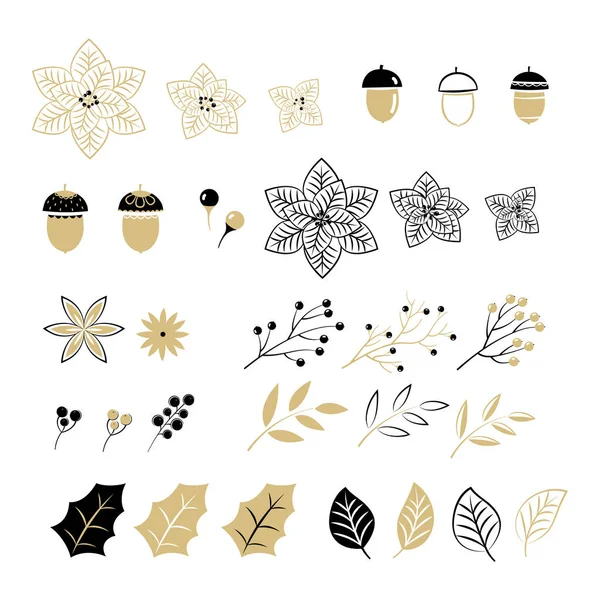 Set of Christmas elements for typographic design. Leaves, branches, berries in black and gold colour scheme. Vector illustration in modern style. — ストックベクタ