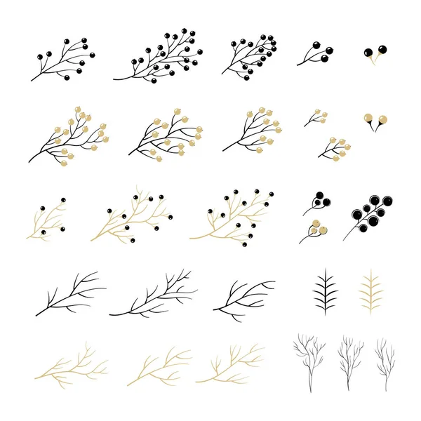 Set of Christmas elements for typographic design. Leaves, branches, berries in black and gold colour scheme. Vector illustration in modern style. — ストックベクタ