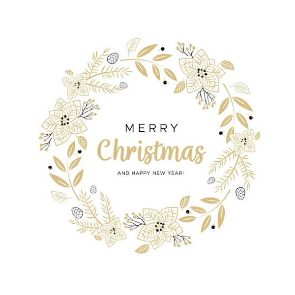 Corona de Navidad con ramas de oro y conos de pino. Diseño único para sus tarjetas de felicitación, banners, volantes. Ilustración vectorial en estilo moderno . — Vector de stock