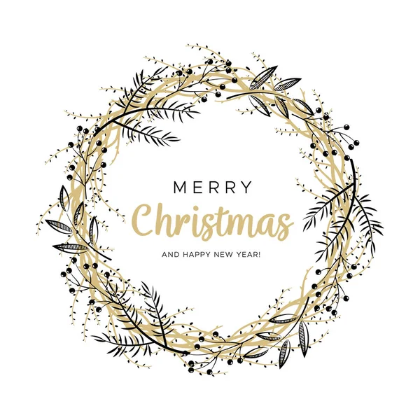 Corona de Navidad con ramas negras y doradas. Diseño único para sus tarjetas de felicitación, banners, volantes. Ilustración vectorial en estilo moderno . — Vector de stock