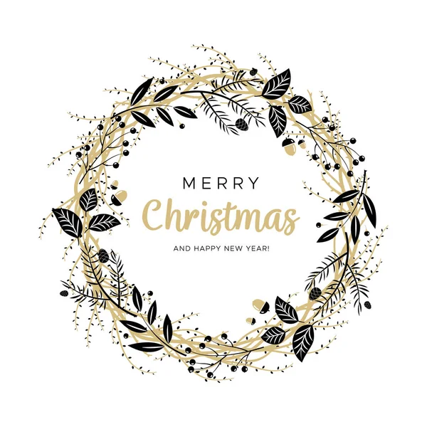 Corona de Navidad con ramas negras y doradas y conos de pino. Diseño único para sus tarjetas de felicitación, banners, volantes. Ilustración vectorial en estilo moderno . — Vector de stock