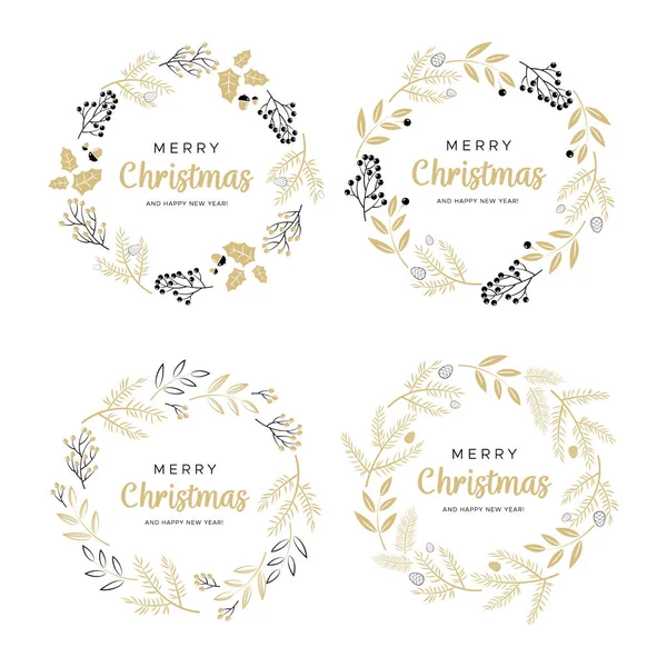 Conjunto de coroas de Natal com galhos pretos e dourados e cones de pinheiro. Design exclusivo para seus cartões de felicitações, banners, folhetos. Ilustração vetorial em estilo moderno . — Vetor de Stock