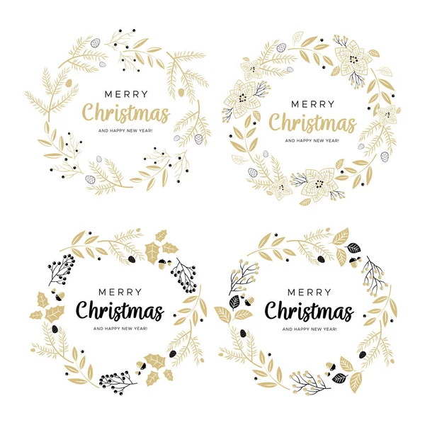 Weihnachtskränze mit schwarzen und goldenen Zweigen und Tannenzapfen. einzigartiges Design für Ihre Grußkarten, Banner, Flyer. Vektor-Illustration im modernen Stil. — Stockvektor