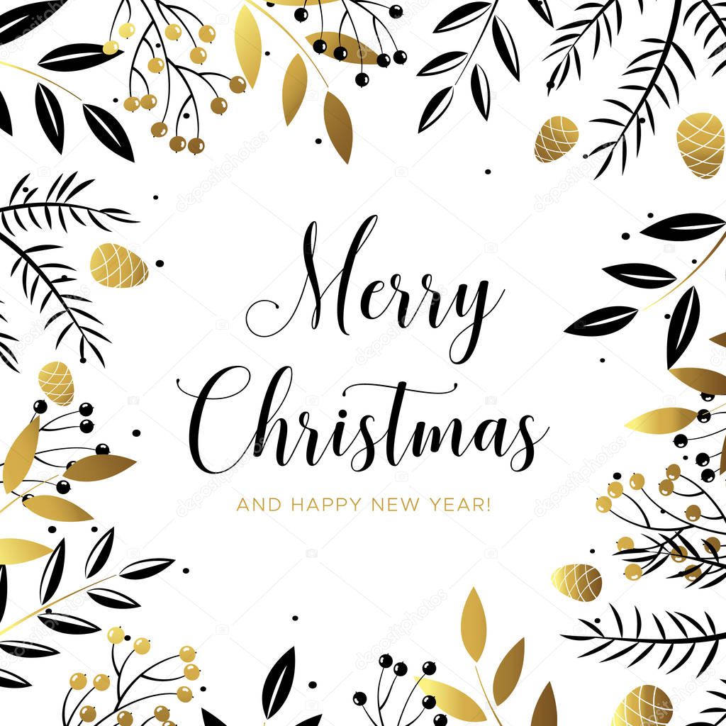 Merry Christmas and Happy New Year greeting card with black and gold berries, leaves, pine branches and fir cones