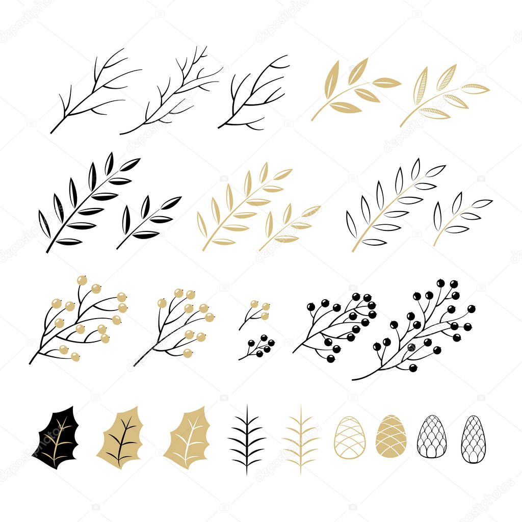 Set of Christmas elements for typographic design. Leaves, branches, berries in black and gold colour scheme. Vector illustration in modern style.