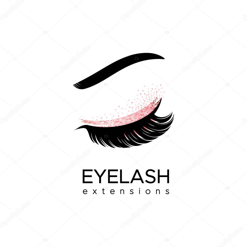 Eyelash extension logo. Makeup with pink glitter. Vector illustration in a modern style