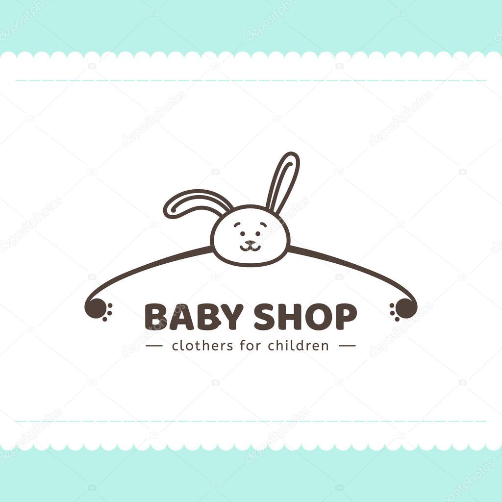 Logo for children's clothing shop. Vector template of the brand for the designer. Element for Studio sewing and tailoring. Vector illustration of a hanger and a bunny in a cartoon style