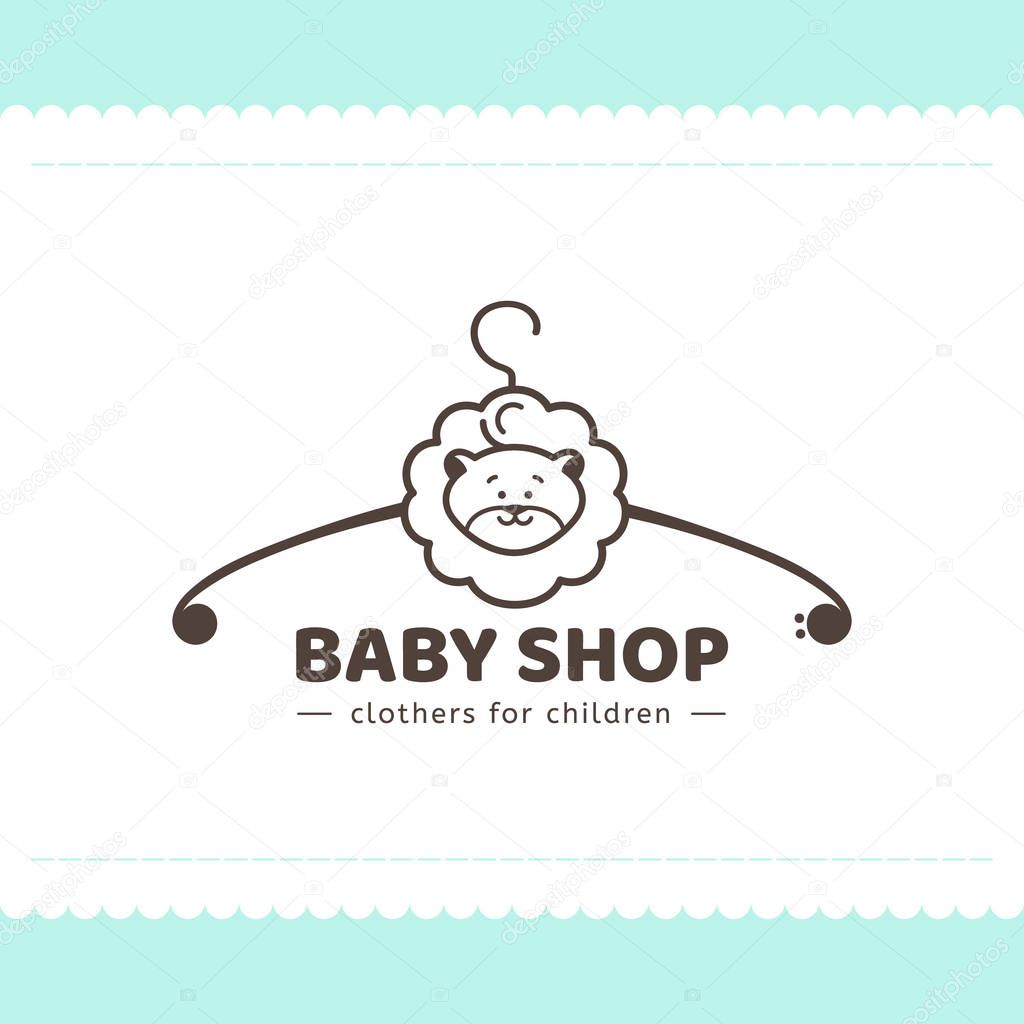 Logo for children's clothing shop. Vector template of the brand for the designer. Element for Studio sewing and tailoring. Vector illustration of a hanger and a lion cub in cartoon style