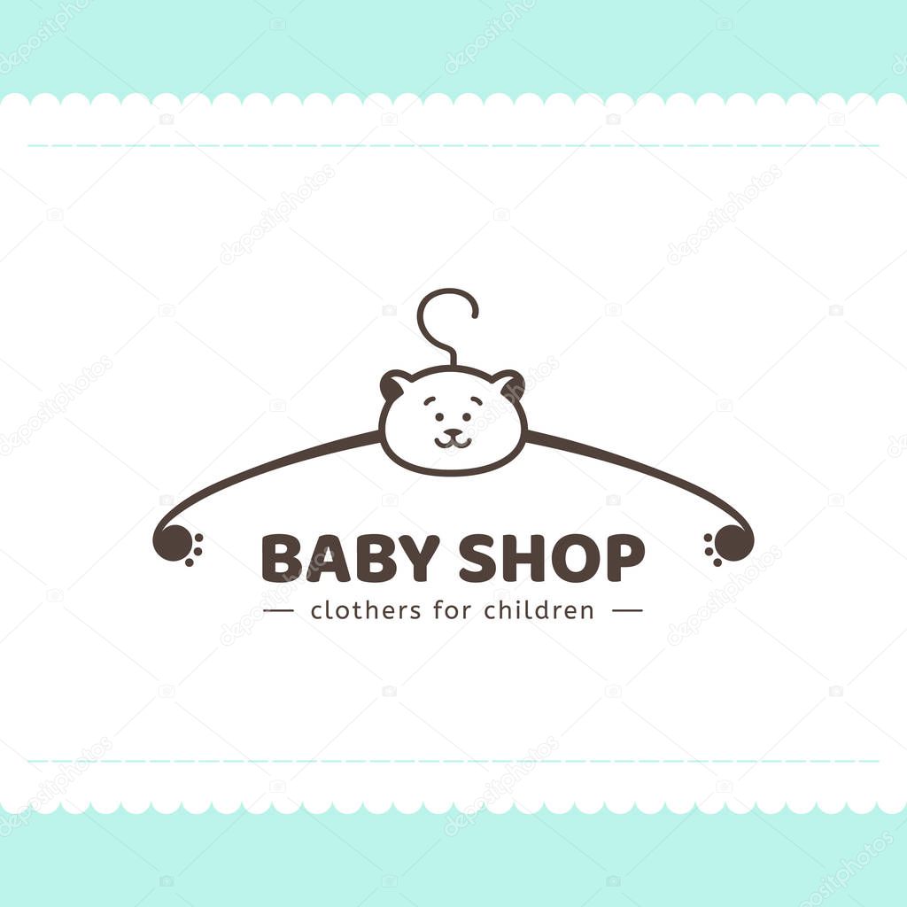 Logo for children's clothing shop. Vector template of the brand for the designer. Element for Studio sewing and tailoring. Vector illustration of a hanger and a bear in cartoon style