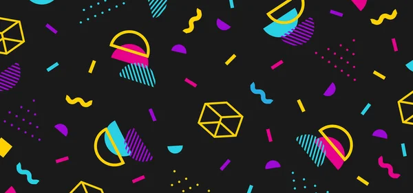 Background in the style of the 80s with multicolored geometric shapes on the black background. Illustration for hipsters Memphis style — Stock Vector