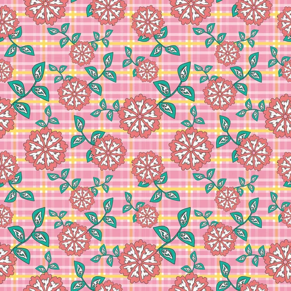 Patrón Fondo Gingham Sin Costuras Con Una Combinación Motivos Florales — Vector de stock