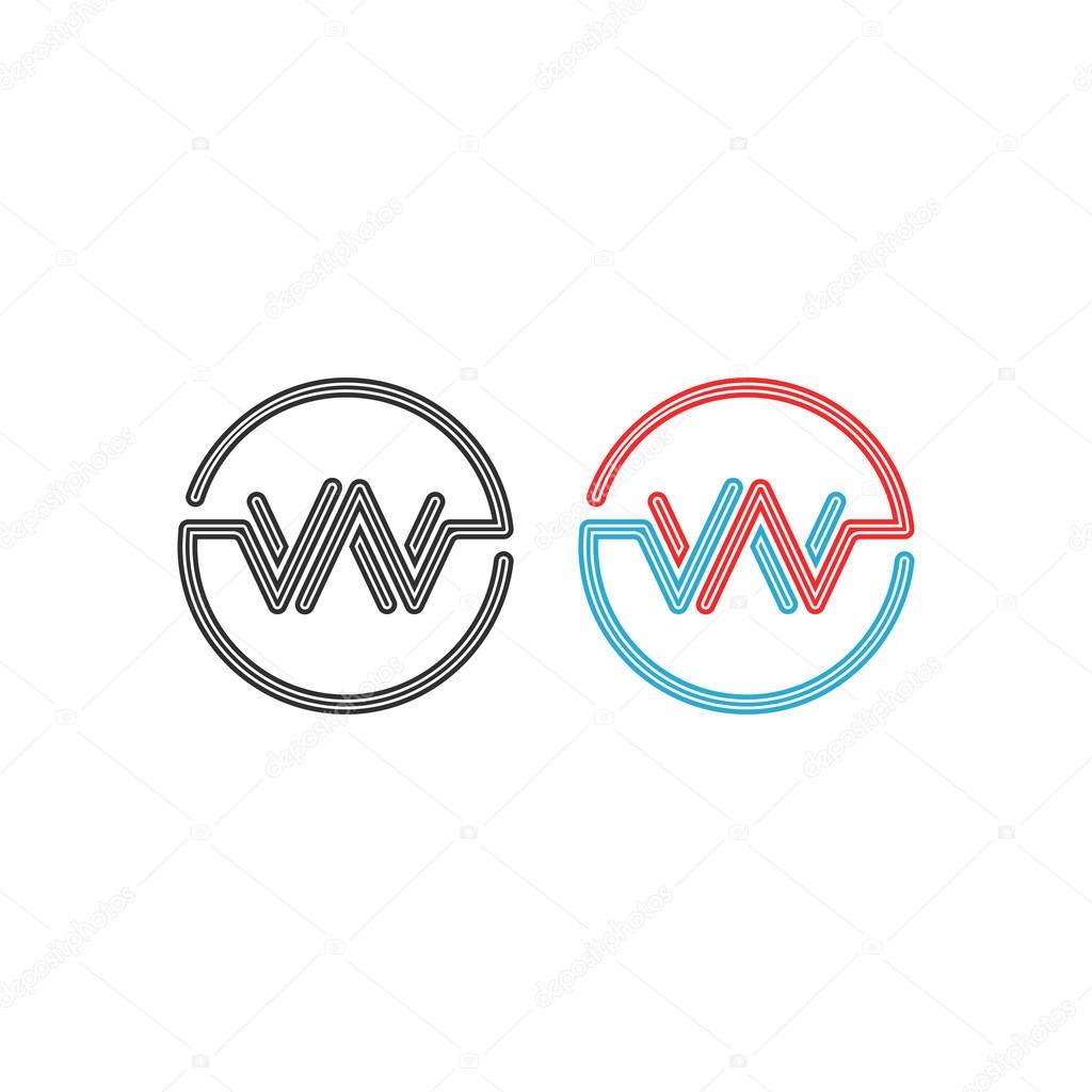 Logo W, intersection letters WW circles frame monogram, abstract pulse wave shape round border