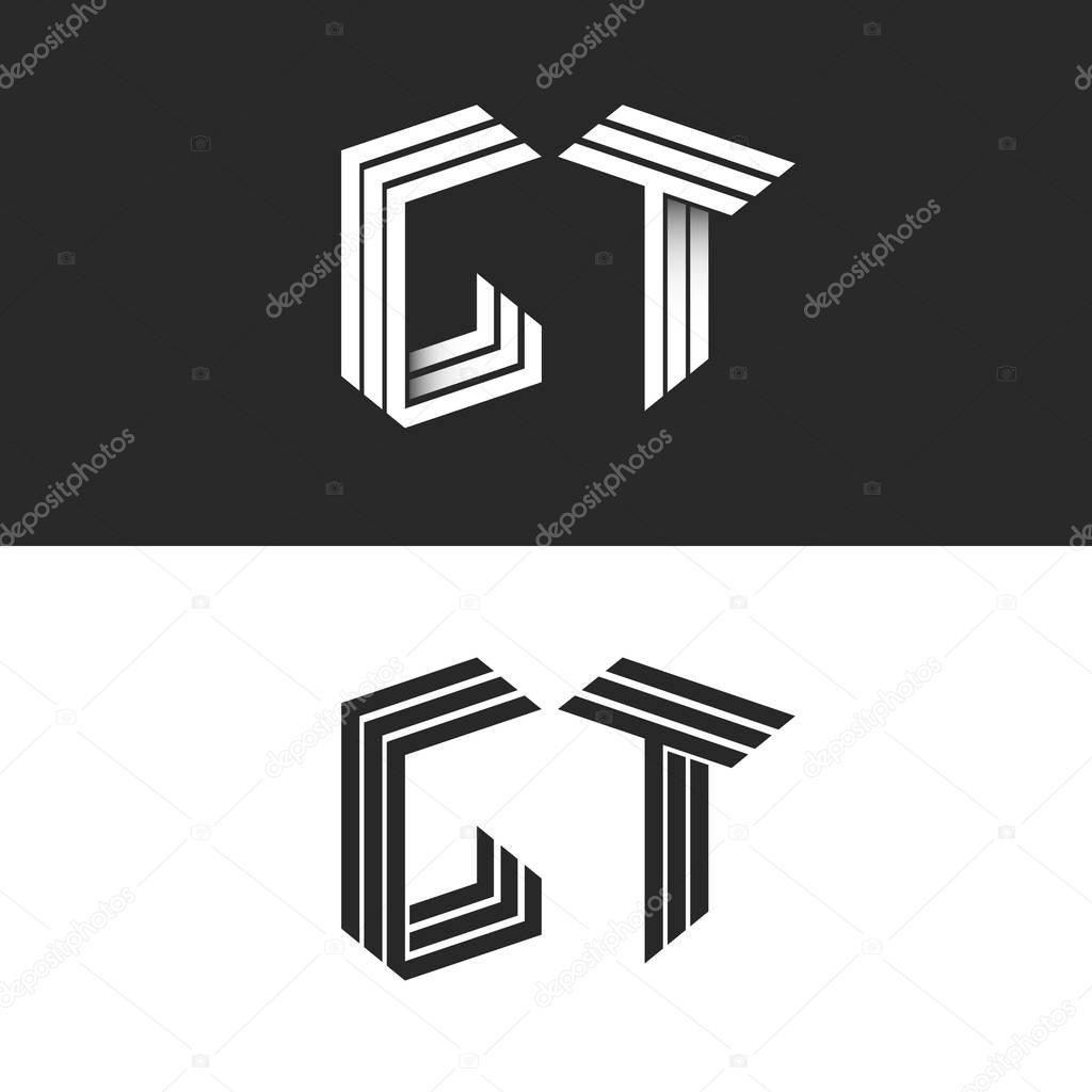 Initials monogram letters GT logo isometric construction. black and white 3d typography design element, group G T hipster emblem