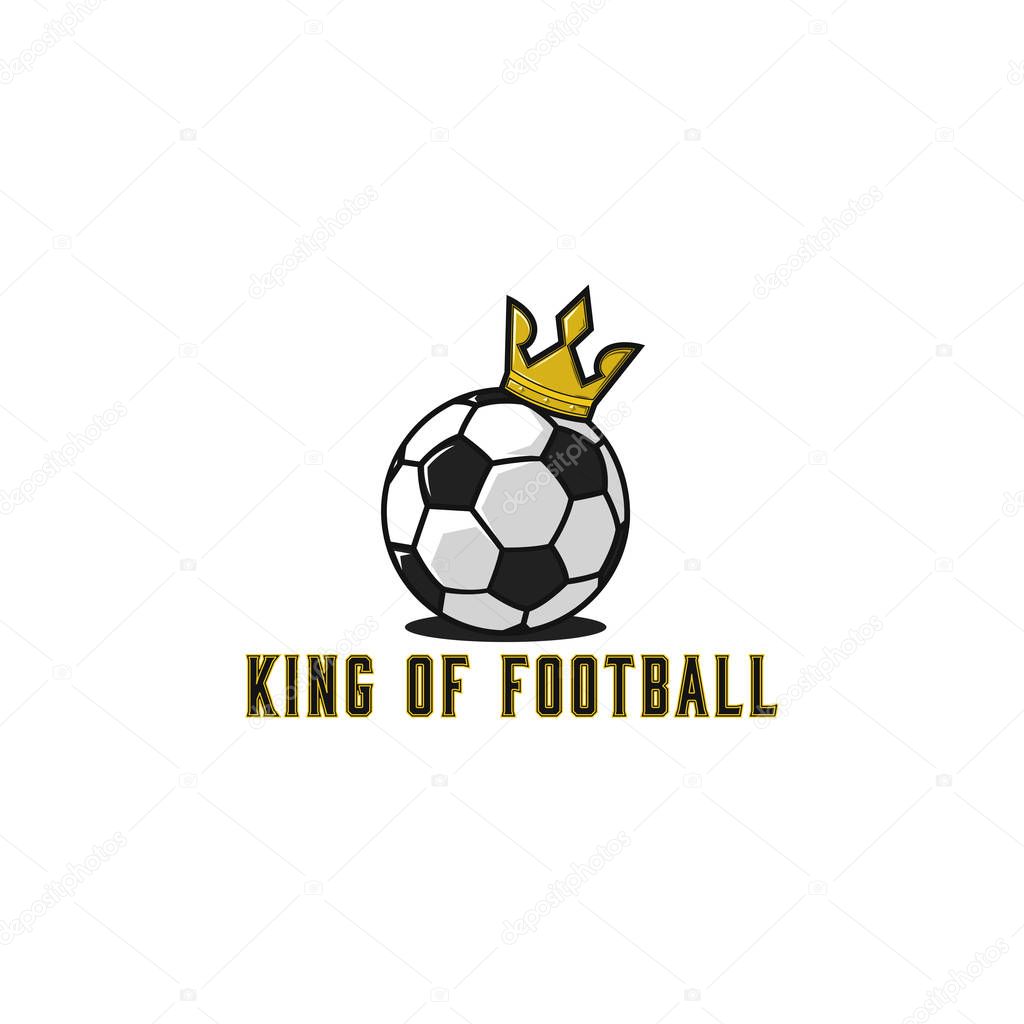 Football ball logo with gold crown, lettering t-shirt print soccer emblem mockup, sport tournament sticker
