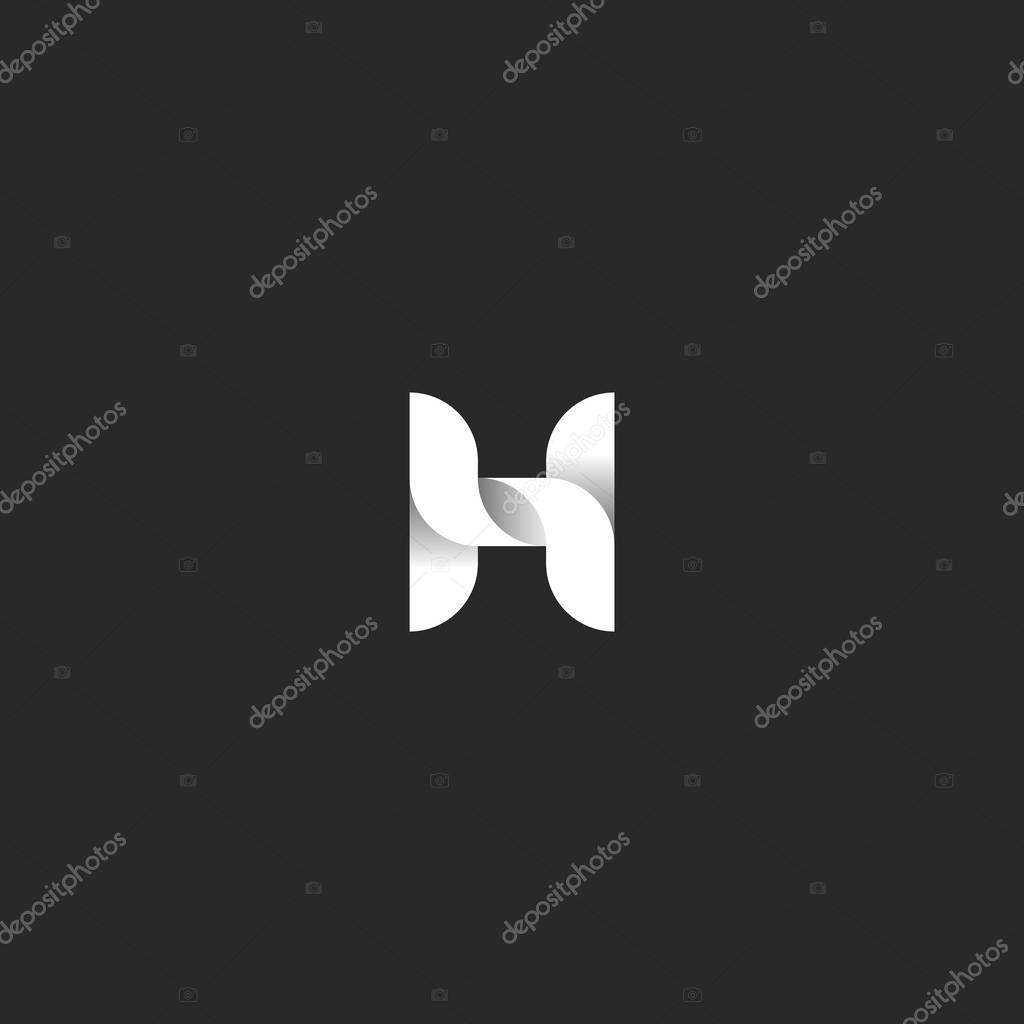 Letter H logo idea, monogram of  weave of smooth lines in  form of ribbons with shadows, black and white design element for typography, mockup for initial business card