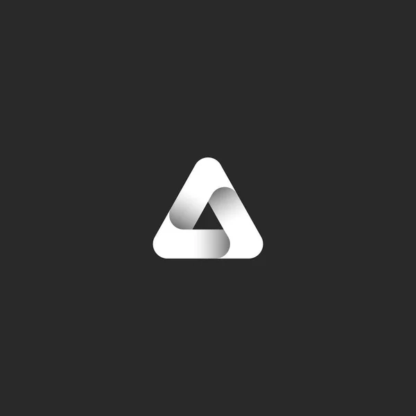 Trojúhelník logo abstraktní infinity pásu styl barevného přechodu černé a bílé ikonou stíny, delta geometrický tvar emblému maketa — Stockový vektor